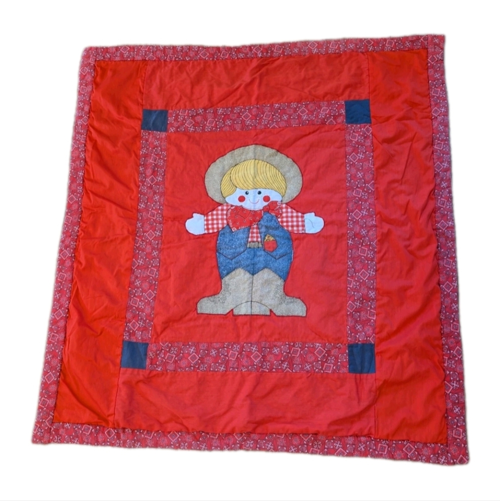 70's Vintage Handmade Baby Qilt Blanket Cowboy Patchwork Red, White & Blue USA